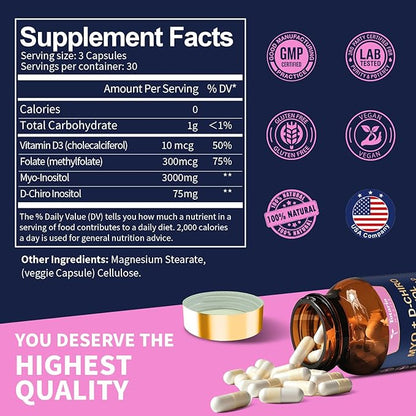 Inositol Supplement for Women with Vitamin D3, Folate, 40:1 Ratio Myo-Inositol 3000mg & D-Chiro Inositol 75mg Complex, (Vitamin B8) Inositol Capsules, 90 Capsules, 30 Servings