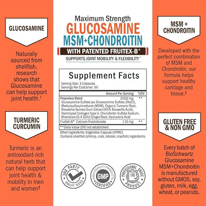 Glucosamine Chondroitin MSM Triple Strength Joint Support Supplement with Collagen Peptides, Turmeric and Ginger, Hyaluronic Acid, Glucosamine Chondroitin Sulfate - Gluten Free, Non GMO, 180 Capsules