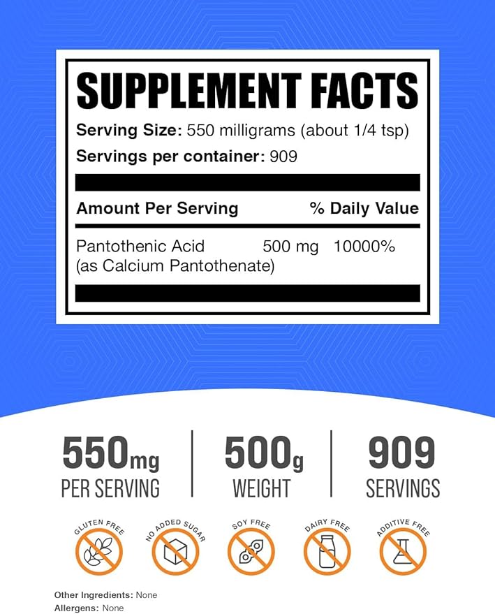 BulkSupplements.com Vitamin B5 Powder - as Calcium Pantothenate, B5 Vitamins - Gluten Free, 500mg of Vitamin B5 Pantothenic Acid per Serving, 500g (1.1 lbs) (Pack of 1)