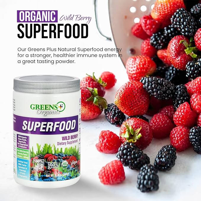 Greens+ Organic Wild Berry Superfood Powder, Antioxidant Polyphenol, Blend for Morning Kick, Energy, Vitality Boost, Nutrition, Vibrant Health, Dietary Supplement, Vegan Soy/Dairy/Gluten Free(8.46oz)