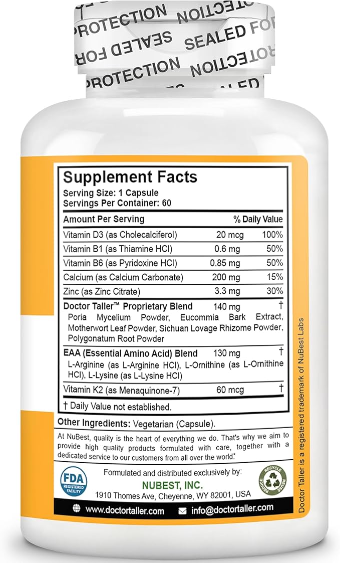 NuBest Doctor Taller - Bone Strength Supports, Enhance Immune System - Keto with Calcium, Vitamin D3, Vitamin K2, Amino Acids & Herbs for Children (8+) - 60 Vegan Capsules | 1 Month Supply