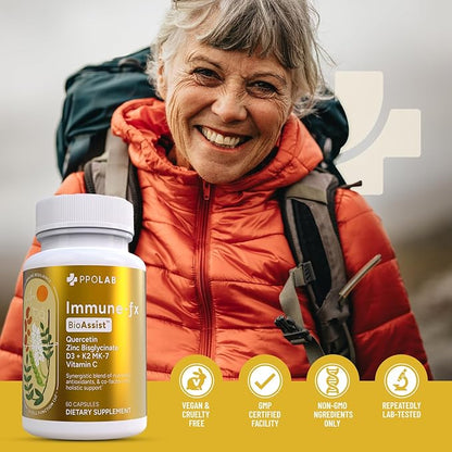 Immune-fx™ Advanced Daily Chelated Zinc Ionophore Immune Support Supplement with Quercetin 500mg Bioflavonoid, Antioxidant Vitamin C, D3, K2, DNA Heart Lung Aid, Clean Certified® 60 Vegan Capsules