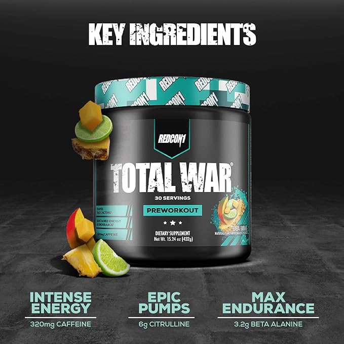 REDCON1 Total War Pre Workout Powder, Baja Bomb - Beta Alanine + Citrulline Malate Keto Friendly Preworkout for Men & Women with 320mg of Caffeine - Fast Acting (30 Servings)