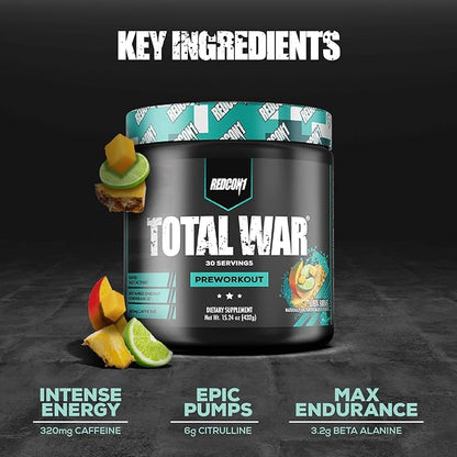 REDCON1 Total War Pre Workout Powder, Baja Bomb - Beta Alanine + Citrulline Malate Keto Friendly Preworkout for Men & Women with 320mg of Caffeine - Fast Acting (30 Servings)