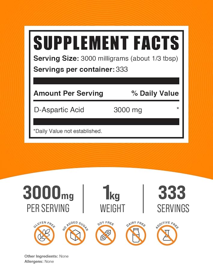 BulkSupplements.com D-Aspartic Acid Powder - DAA Supplement for Men & Women, D-Aspartic Acid 3000mg - Unflavored & Gluten Free, 3000mg per Serving, 1kg (2.2 lbs) (Pack of 1)