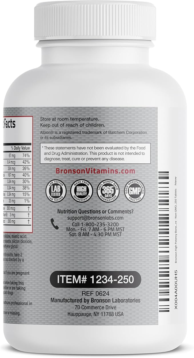 Bronson Bone Health & Strength Complex* High Potency Formula 200 MCG of Vitamin K2 as MK7, Plus Calcium, Boron, Cissus Quadrangularis, Magnesium, Vitamin D3, and More - Non-GMO, 250 Tablets