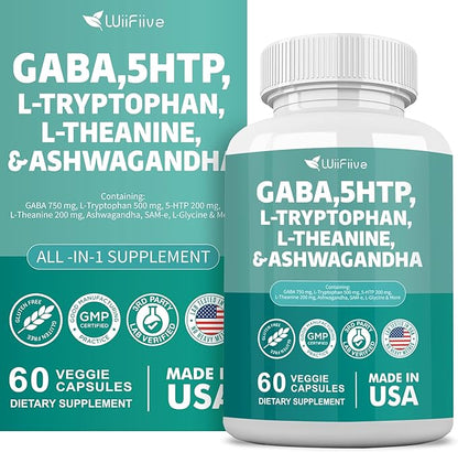 Gaba 750mg 5-HTP 200mg L-Theanine 200mg Ashwagandha 3000mg L-Tryptophan 500mg with Vitamin D3 Vitamin B6 L-Tyrosine Black Pepper SAM-e, Dietary Supplement, Non GMO, NSF Certified, 60 Capsules