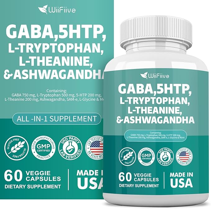 Gaba 750mg 5-HTP 200mg L-Theanine 200mg Ashwagandha 3000mg L-Tryptophan 500mg with Vitamin D3 Vitamin B6 L-Tyrosine Black Pepper SAM-e, Dietary Supplement, Non GMO, NSF Certified, 60 Capsules