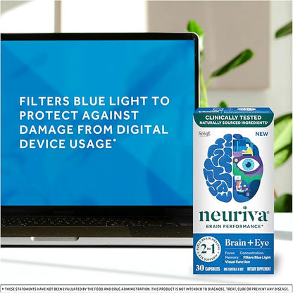 NEURIVA Brain + Eye Supplement for Memory, Focus & Concentration with Lutein & Vitamins A C E and Zinc for Eye Health & Zeaxanthin to Filter Blue Light, 30ct Capsules