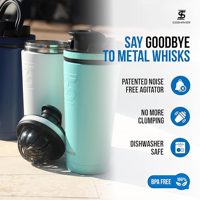 Ice Shaker Insulated Stainless Steel Shaker Bottle | 26oz, Mint | Cold for 30+ Hours | Insulated Cup with Twist-on Agitator | Odor-Free Shaker Cup for Protein Shakes, Water, Smoothies, Cocktails