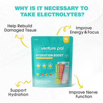 Venture Pal Sugar Free Electrolyte Powder Packets - Liquid Daily IV Drink Mix for Rapid Hydration & Party Recovery | 5 Vitamins & 7 Electrolytes| Keto Friendly | Non-GMO | Certified Vegan | 16 Sticks