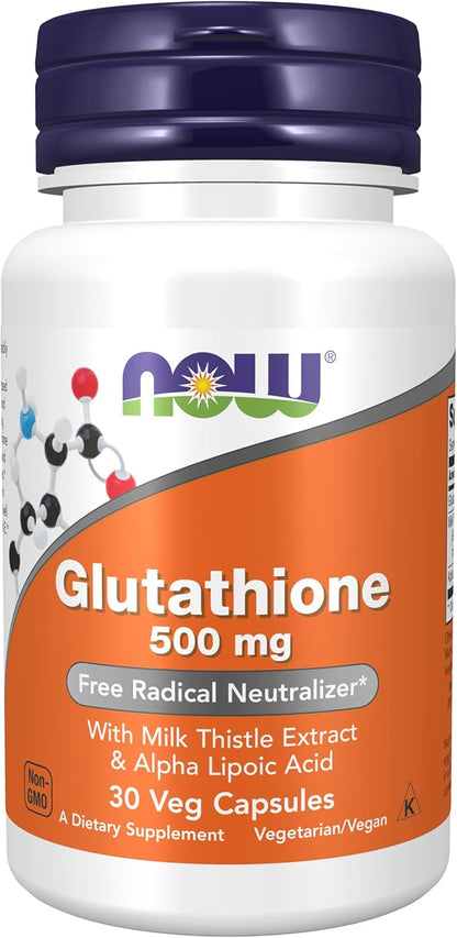 NOW Foods Supplements, Glutathione 500 mg, With Milk Thistle Extract & Alpha Lipoic Acid, Free Radical Neutralizer*, 30 Veg Capsules