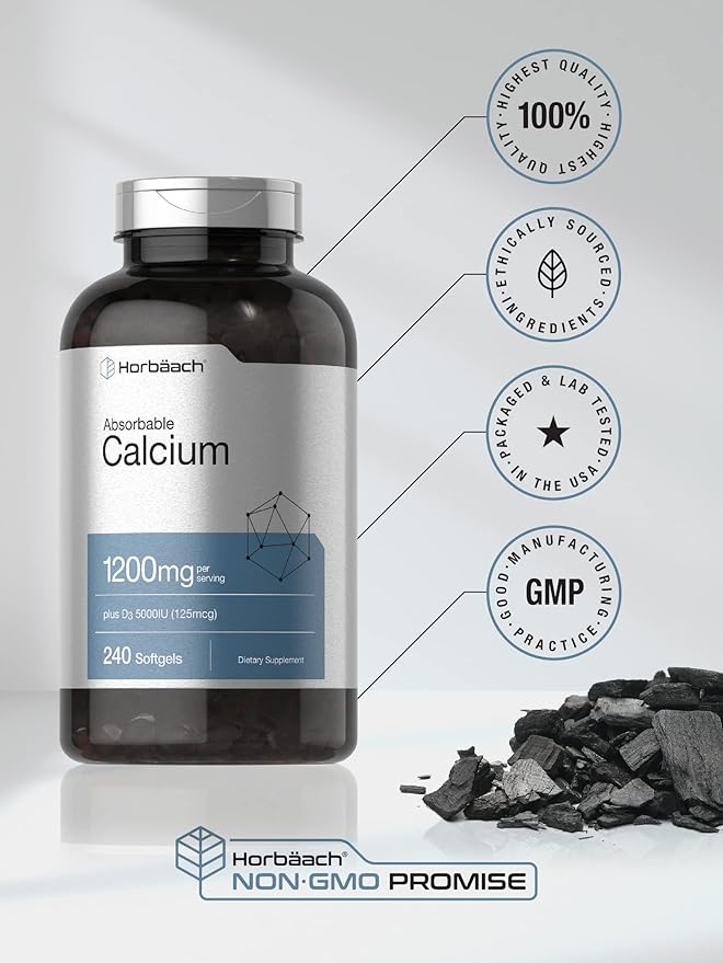Horbäach Calcium 1200 mg with Vitamin D3 | 240 Softgels | 5000 IU Vitamin D3 | Absorbable Calcium Supplement | Non-GMO, Gluten Free Calcium Supplement
