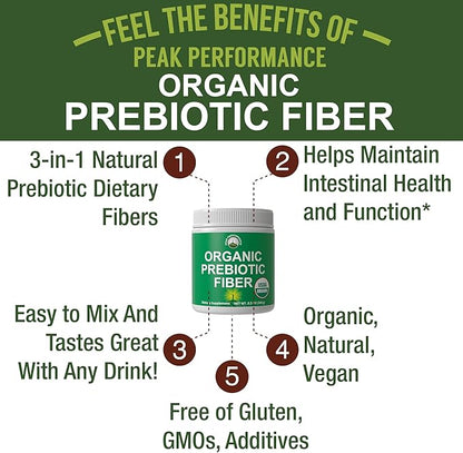 Organic Prebiotic Fiber 3-in-1 Vegan Powder for Gut Health. USDA Organic Raw Whole Food Plant Based Prebiotics Digestive Supplement with Organic Inulin (Jerusalem Artichoke), Acacia Fibers, SunFiber
