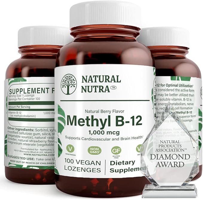 Natural Nutra Vegan Methyl B12 1000mcg, Heart Health and Energy Booster Supplement, Gluten Free, Support Energy Transformation, Enhance Immune Response, Help Brain Function, 100 Vegan Lozenges