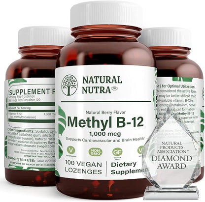 Natural Nutra Vegan Methyl B12 1000mcg, Heart Health and Energy Booster Supplement, Gluten Free, Support Energy Transformation, Enhance Immune Response, Help Brain Function, 100 Vegan Lozenges