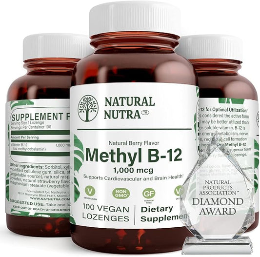 Natural Nutra Vegan Methyl B12 1000mcg, Heart Health and Energy Booster Supplement, Gluten Free, Support Energy Transformation, Enhance Immune Response, Help Brain Function, 100 Vegan Lozenges