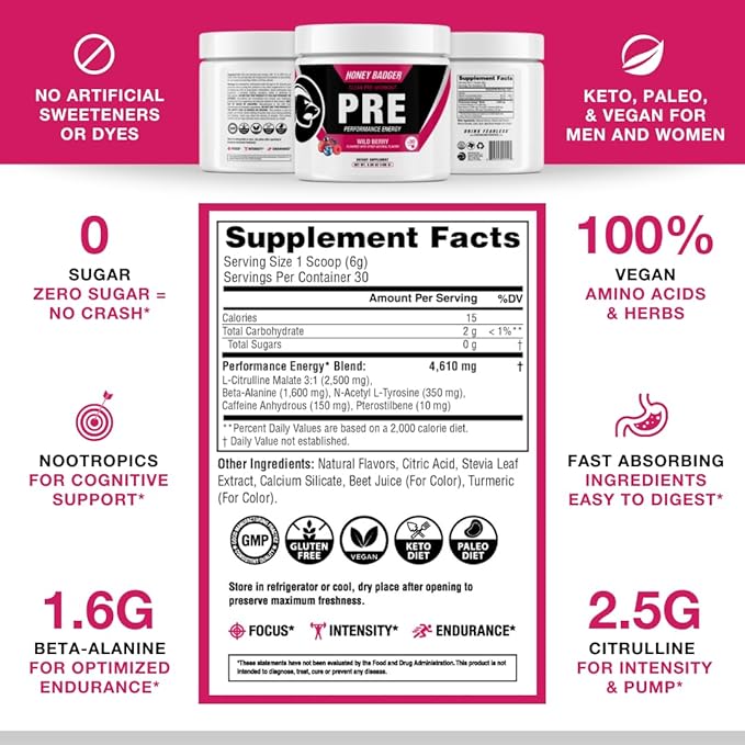 Honey Badger Pre Workout Powder, Keto Vegan Preworkout for Men & Women, Beta Alanine & Caffeine, Sugar Free Natural Energy Supplement, Wild Berry, 30 Servings