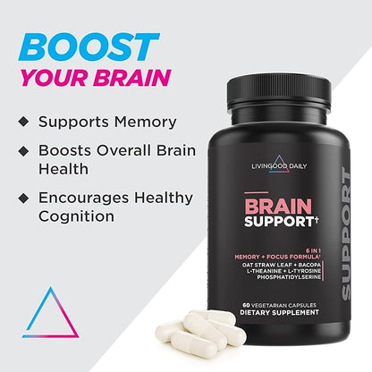 Livingood Daily Brain Supplements for Memory & Focus (60 Capsules) - Nootropic Pills for Adults Support Cognitive & Overall Brain Health - Non-GMO & Vegan Supplement for Women & Men