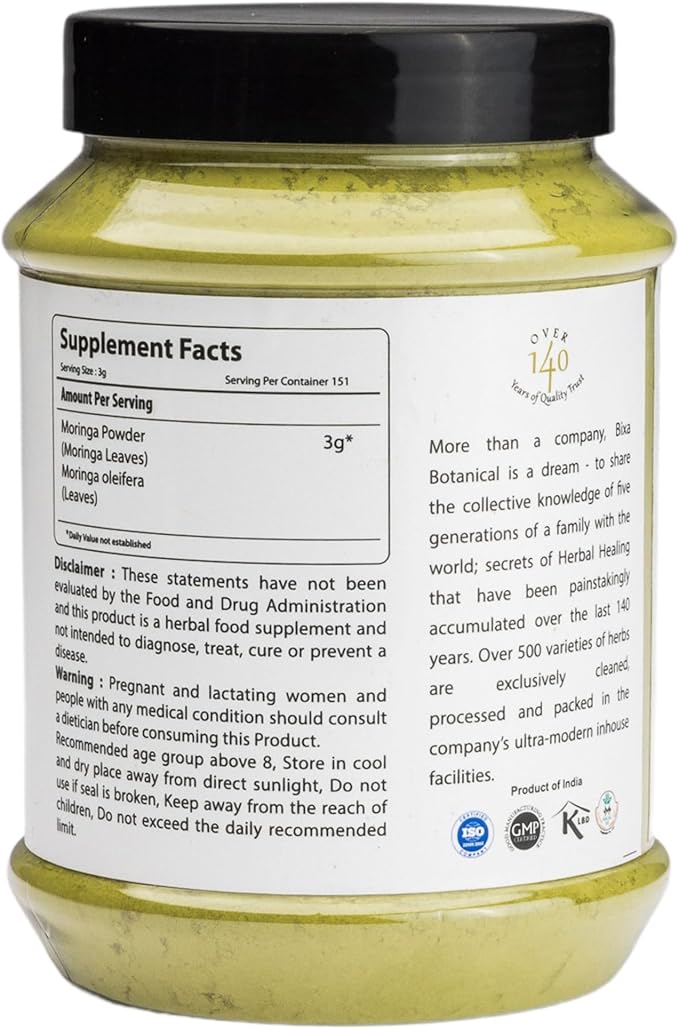 bixa BOTANICAL Moringa Leaf Powder (Moringa Oleifera) | Multi-Vitamin Green Super Food Supplement ǀ Pure Natural Nutrition Supplement- 7 Oz (200g) (454 G)