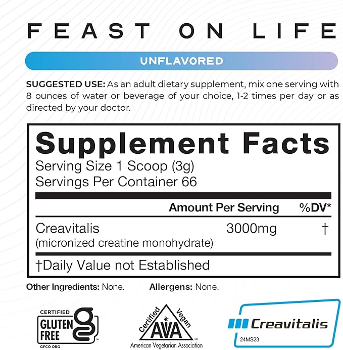 Muscle Feast Creavitalis Micronized Creatine Monohydrate Powder | Premium Pre-Workout or Post-Workout | Easy to Mix, Gluten-Free, Safe and Pure, Kosher Certified, Unflavored, 200g