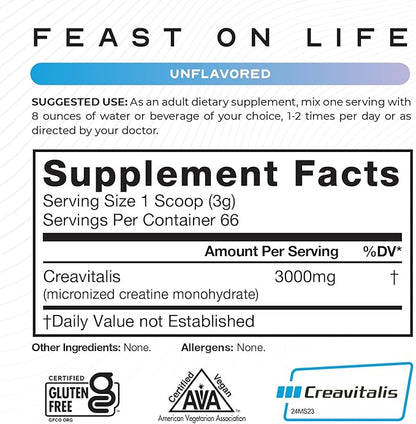 Muscle Feast Creavitalis Micronized Creatine Monohydrate Powder | Premium Pre-Workout or Post-Workout | Easy to Mix, Gluten-Free, Safe and Pure, Kosher Certified, Unflavored, 200g