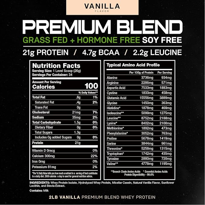 Muscle Feast Premium Blend All Natural Hormone Free Grass-Fed Whey Protein Powder, Vanilla, 2lb