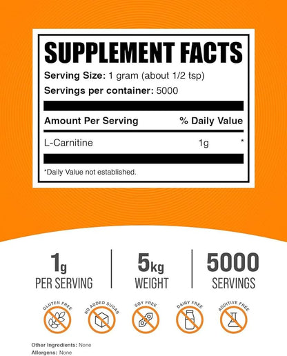 BulkSupplements.com L-Carnitine Powder - Carnitine Supplement, L Carnitine 1000mg, Carnitine Powder - Amino Acid Supplement, Gluten Free, 1g per Serving, 5kg (11 lbs) (Pack of 5)