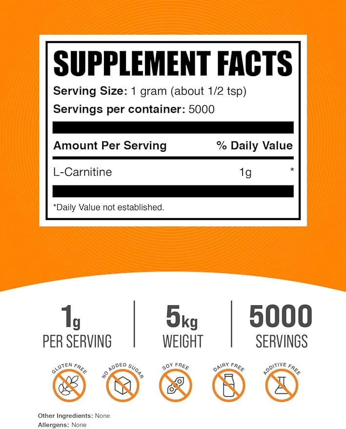 BulkSupplements.com L-Carnitine Powder - Carnitine Supplement, L Carnitine 1000mg, Carnitine Powder - Amino Acid Supplement, Gluten Free, 1g per Serving, 5kg (11 lbs) (Pack of 5)