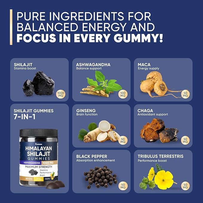 Shilajit Gummies 1000mg for Men and Women, Energy, Immunity Support, Pure Himalayan Shilajit Gummies with Ashwagandha, Sugar Free, Vegan, Pineapple Flavor, 30 Day Supply, Manganese, 60 pcs