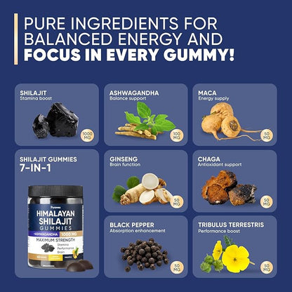 Shilajit Gummies 1000mg for Men and Women, Energy, Immunity Support, Pure Himalayan Shilajit Gummies with Ashwagandha, Sugar Free, Vegan, Pineapple Flavor, 30 Day Supply, Manganese, 60 pcs