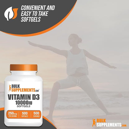 BulkSupplements.com Vitamin D3 10000IU Softgels - Cholecalciferol, D3 Supplement, Vitamin D 10000 IU - 1 Vitamin D3 Softgel (250mcg of Vitamin D) per Serving - 500-Day Supply, 500 Softgels