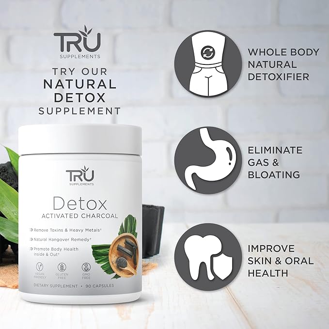 TRU Detox, Activated Charcoal, Vegan Friendly, Whole Body Natural Detox, Eliminates Bloating, Improve Skin Health, 60 Servings