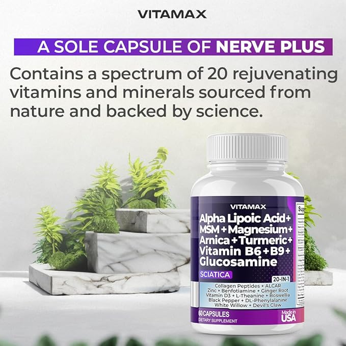 Sciatica Nerve Health Support - Sciatic Nerve Supplement Capsules with Folic Acid, Pea, Glucosamine, MSM, Vitamin B Complex, Alpha Lipoic Acid 300mg - Made in USA (60 Count (Pack of 2))