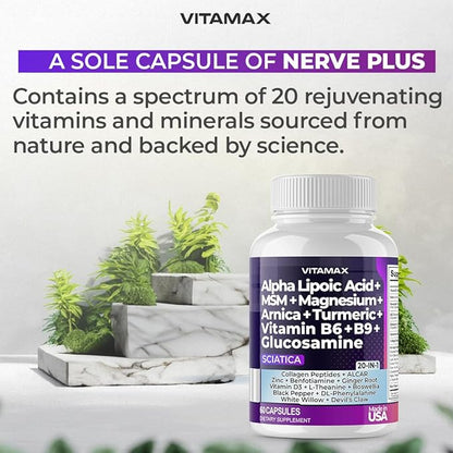 Sciatic Nerve Health Support - Sciatic Nerve Supplement Capsules with Folic Acid, Pea, Glucosamine, MSM, Vitamin B Complex, Alpha Lipoic Acid 300mg – 60ct – Made in USA