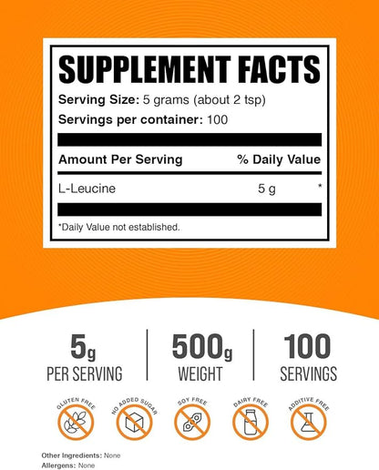 BulkSupplements.com L-Leucine Powder - Leucine Supplements, Leucine Amino Acid - BCAA Supplements, Leucine Powder - Unflavored, 5000mg per Serving, 500g (1.1 lbs) (Pack of 1)
