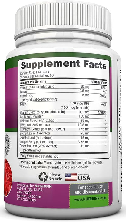Blood Pressure Support Supplement - 13 Herbs & Vitamins - with Hawthorn, Hibiscus, Garlic & Olive Leaf Extract - Natural Supplement for Women & Men - High Strength Capsules - Non-GMO - 90 Day Supply