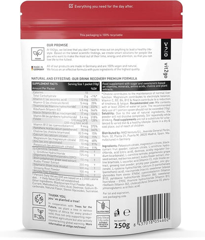 Drink Recovery Electrolytes Powder 250g with Vitamins, Vegan Electrolyte Packets for Hydration & Liver Detox, Blackcurrant Flavor (25 Portions)