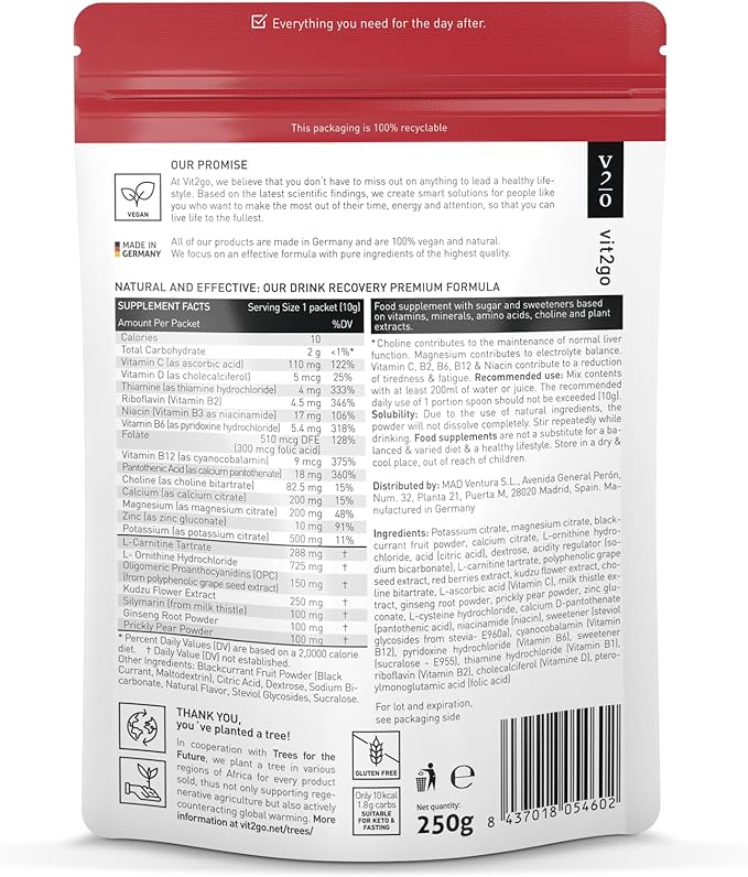 Drink Recovery Electrolytes Powder 250g with Vitamins, Vegan Electrolyte Packets for Hydration & Liver Detox, Blackcurrant Flavor (25 Portions)