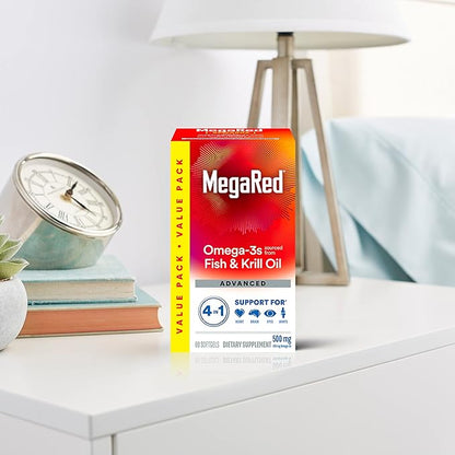 Megared Omega-3 Fish Oil + High Absorption Krill Oil 500mg Softgels, MegaRed Advanced 4in1 (80 count in a bottle) Concentrated Omega-3 Fish & Krill Oil Supplement