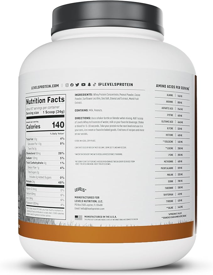 Levels Grass Fed Whey Protein Powder, No Artificials, 24G of Protein, Chocolate Peanut Butter, 5LB