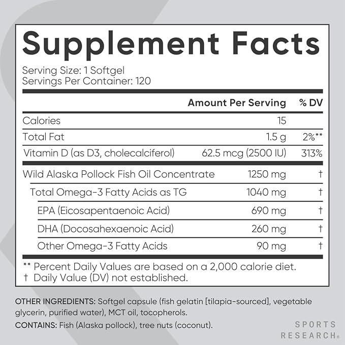 Sports Research Triple Strength 1040mg Omega-3 from Wild Alaska Pollock with Vitamin D3 2500iu | 2-in-1 Vitamin D & Omega DHA Fish Oil Supplement Supporting Heart Health - 120 Softgels