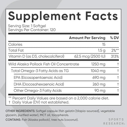 Sports Research Triple Strength 1040mg Omega-3 from Wild Alaska Pollock with Vitamin D3 2500iu | 2-in-1 Vitamin D & Omega DHA Fish Oil Supplement Supporting Heart Health - 120 Softgels