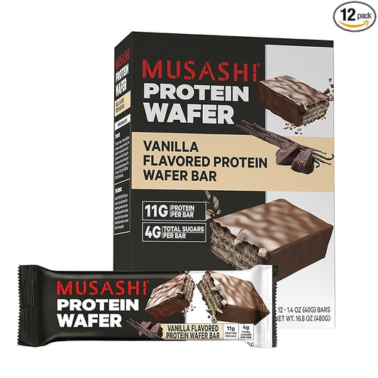 MUSASHI Protein Wafer Bar, 11g Protein, 4g Total Sugars, Vanilla, Post Workout and Protein Snack On The Go, 12 Pack of 1.4oz (40g) Bars