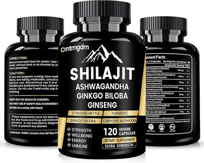 Shilajit Capsules - 20,000mg Pure Himalayan Organic Shilajit for Men & Women with Ashwagandha, Supports Vitality and Wellness, Premium Shilajit Pure Himalayan Supplement, 120 Capsules