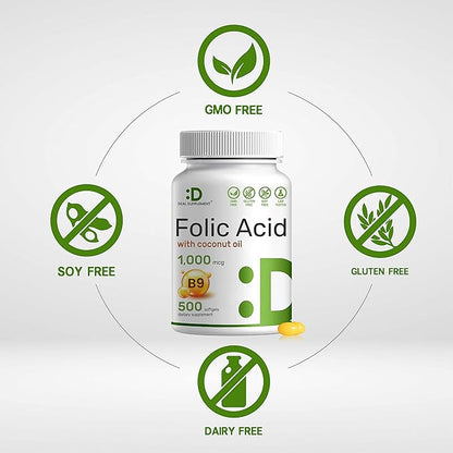 DEAL SUPPLEMENT Folic Acid 1000 mcg (1 mg), 500 Coconut Oil Softgels | Bioavailable Prenatal Vitamins (Vitamin B9) – 1,667 mcg DFE – Easy to Swallow, Non-GMO, & No Gluten