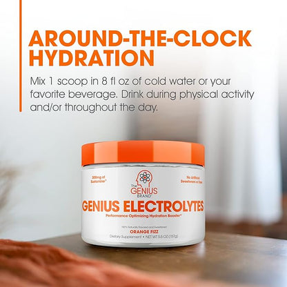 Genius Electrolytes Powder Drink Mix, Orange Fizz, 30 Servings - Natural Hydration Booster & Endurance Supplement with Potassium, Magnesium & Zinc - Sugar Free & No Artificial Sweeteners or Dyes