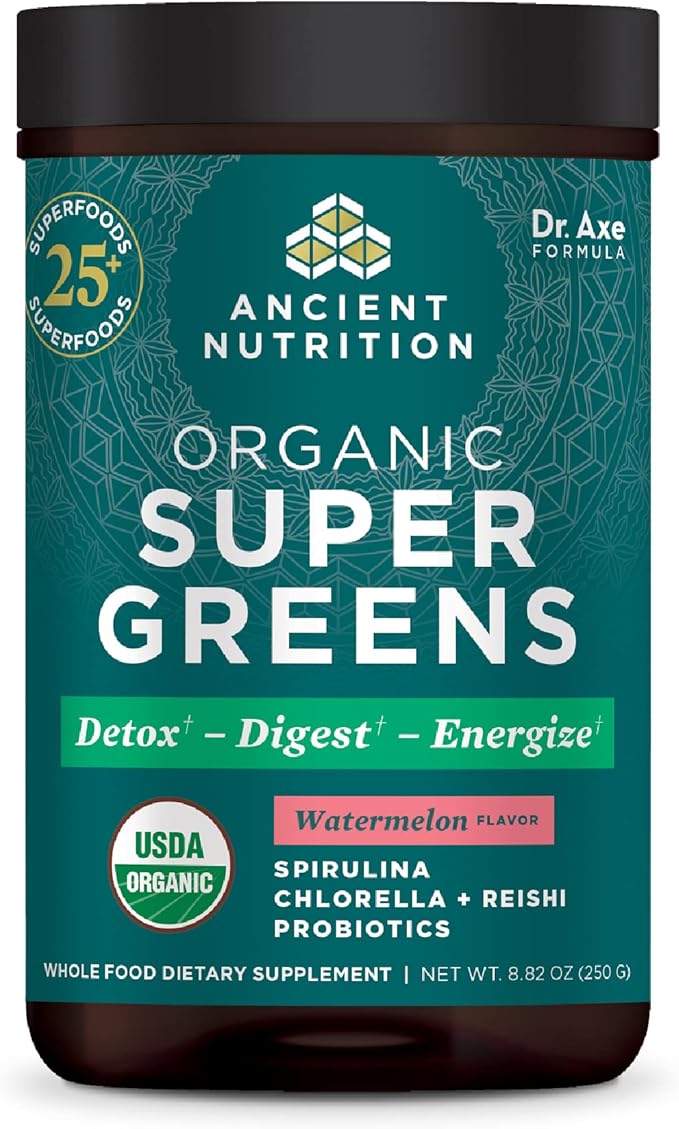ANCIENT NUTRITION Organic SuperGreens Powder with Probiotics, Peppermint, Made from Real Fruits & Vegetables, Digestive & Energy Support, 25 Servings