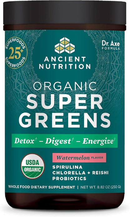 ANCIENT NUTRITION Organic SuperGreens Powder with Probiotics, Peppermint, Made from Real Fruits & Vegetables, Digestive & Energy Support, 25 Servings