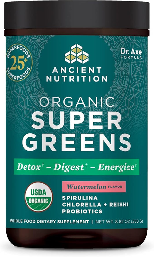 ANCIENT NUTRITION Organic SuperGreens Powder with Probiotics, Peppermint, Made from Real Fruits & Vegetables, Digestive & Energy Support, 25 Servings